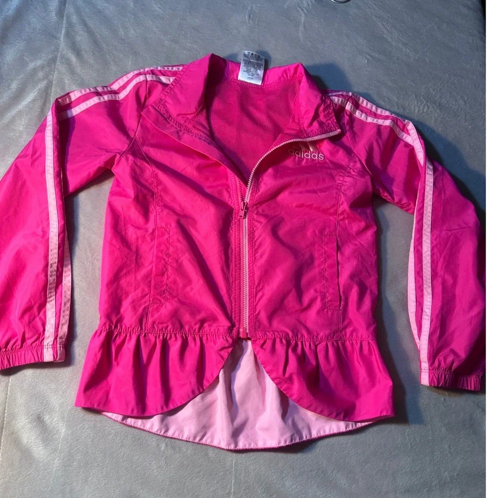 Adidas Girls Pink Peplum Windbreaker Jacket Size 6 Full Zip 3-Stripe AG4896